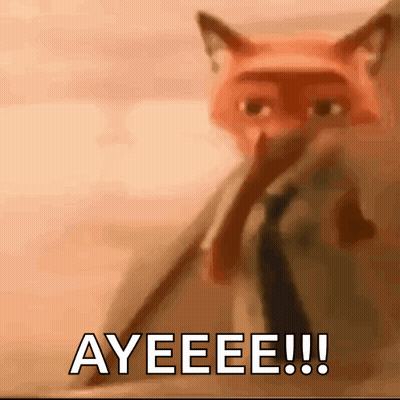 A Close Up Of A Cartoon Fox With The Words Ayeee !! Written On The Bottom GIF
