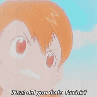 A Close Up Of A Cartoon Girl With Her Mouth Open And The Words `` What Did You Do To Taichi '' . GIF