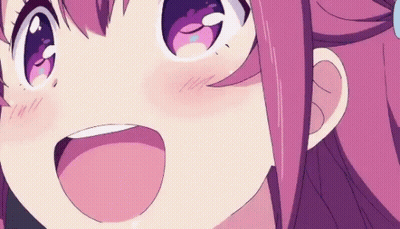 A Close Up Of A Cartoon Girl With Pink Hair And Purple Eyes Smiling . GIF