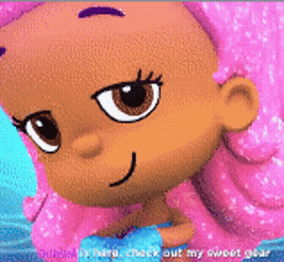 A Close Up Of A Cartoon Girl With Pink Hair And The Words " Check Out My Sweet Gear " GIF