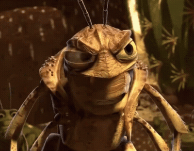 A Close Up Of A Cartoon Grasshopper With A Serious Look On His Face GIF