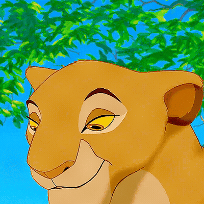 A Close Up Of A Cartoon Lioness ' Face With A Tree In The Background GIF