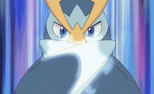 A Close Up Of A Cartoon Penguin With A Sword In Its Mouth GIF