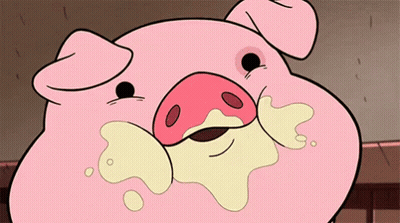 A Close Up Of A Cartoon Pig With Yellow Liquid Coming Out Of Its Mouth GIF