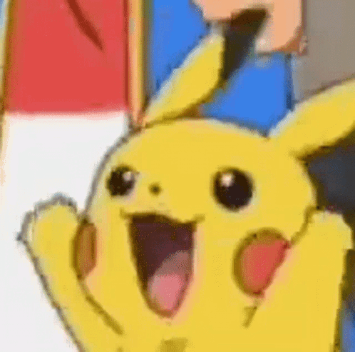 A Close Up Of A Cartoon Pikachu With Its Mouth Open And Arms Outstretched . GIF