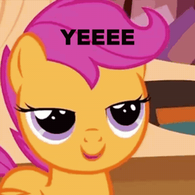A Close Up Of A Cartoon Pony With The Word Yeeee Above It GIF