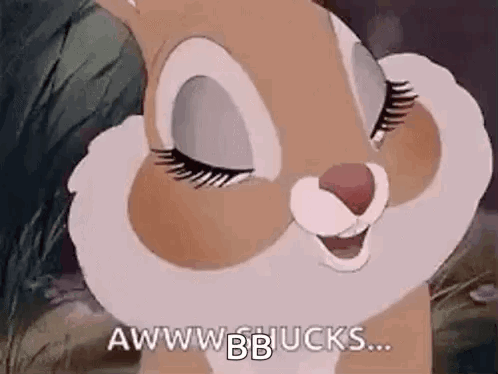 A Close Up Of A Cartoon Rabbit With Its Eyes Closed And The Words `` Aww Bb Bucks '' Written On It . GIF