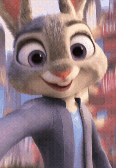 A Close Up Of A Cartoon Rabbit With Purple Eyes Smiling GIF