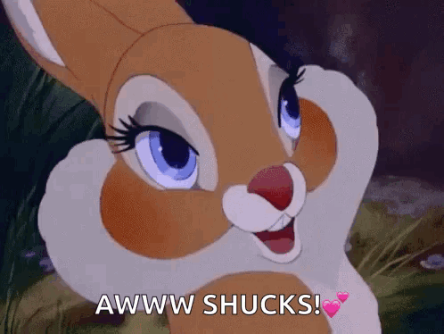 A Close Up Of A Cartoon Rabbit With The Words Awww Shucks Written On It . GIF