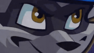 A Close Up Of A Cartoon Raccoon 'S Face With A Blue Hat On . GIF