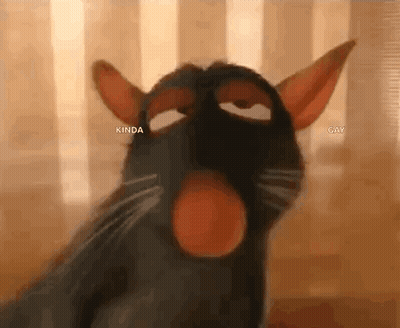 A Close Up Of A Cartoon Rat With Its Mouth Open And The Words `` Kinda Gay '' Written On It . GIF