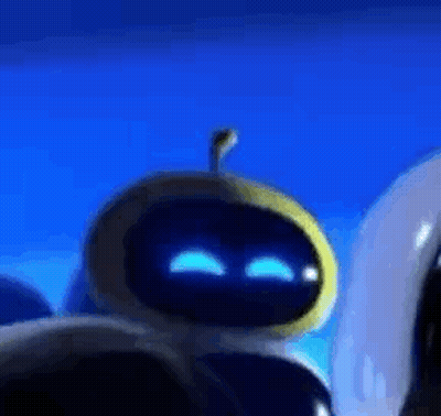 A Close Up Of A Cartoon Robot With Blue Eyes And A Yellow Head . GIF