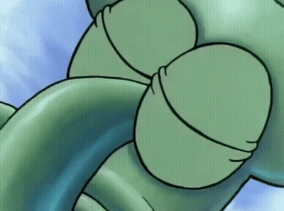 A Close Up Of A Cartoon Squidward Tentacles With A Blue Sky In The Background . GIF