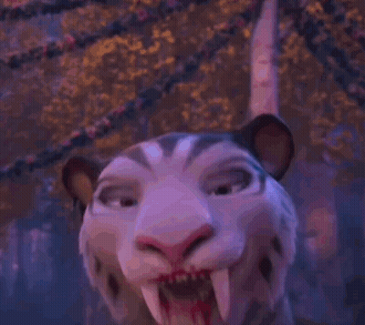 A Close Up Of A Cartoon Tiger With Blood On Its Face GIF