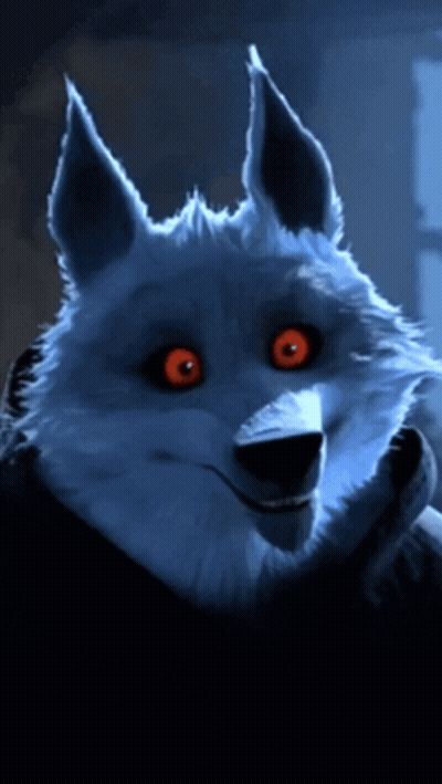 A Close Up Of A Cartoon Wolf With Red Eyes GIF