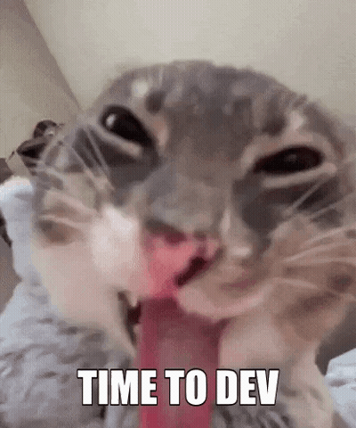 A Close Up Of A Cat Licking Its Nose With The Words `` Time To Dev '' Written On It . GIF