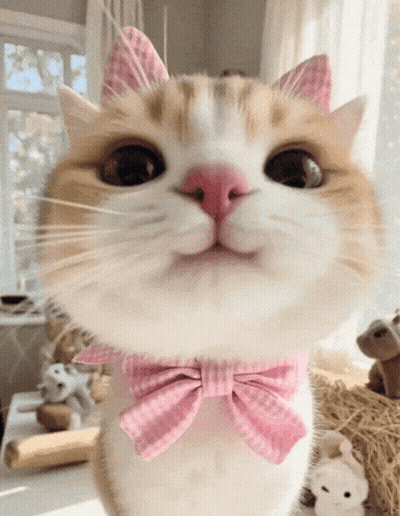 A Close Up Of A Cat Wearing A Pink Bow Tie And Ears GIF