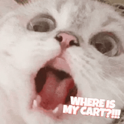 A Close Up Of A Cat With Its Mouth Open And The Words " Where Is My Cart " On The Bottom GIF