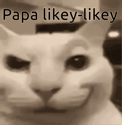 A Close Up Of A Cat With Papa Likey-Likey Written On It GIF