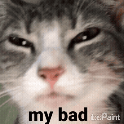 A Close Up Of A Cat With The Words " My Bad " On The Bottom GIF