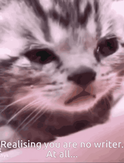 A Close Up Of A Cat With The Words Realising You Are No Writer At All On The Bottom GIF