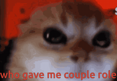 A Close Up Of A Cat With The Words " Who Gave Me Couple Role " Above It GIF