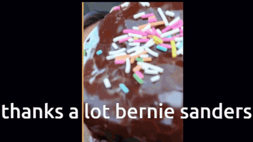 A Close Up Of A Chocolate Cake With Sprinkles And The Words Thanks A Lot Bernie Sanders GIF