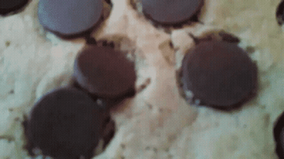 A Close Up Of A Cookie With Chocolate Chips On It GIF