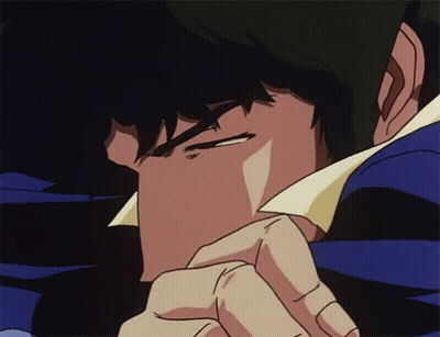 A Close Up Of A Cowboy Bebop Character 'S Face With His Eyes Closed . GIF