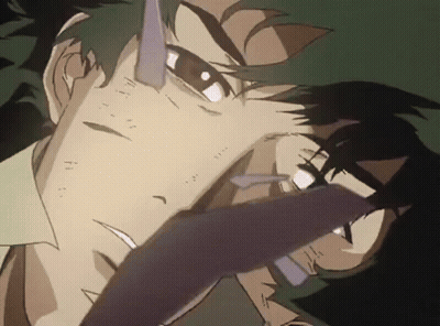 A Close Up Of A Cowboy Bebop Character 'S Face With His Eyes Closed GIF