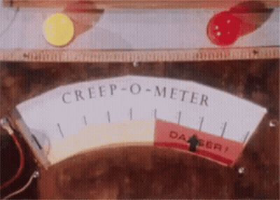 A Close Up Of A Creep-O-Meter With A Yellow And Red Button GIF