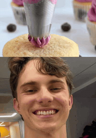 A Close Up Of A Cupcake With Purple Frosting Next To A Man 'S Face GIF