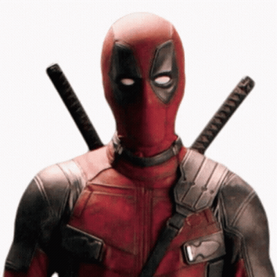 A Close Up Of A Deadpool Costume With Two Swords On His Shoulder . GIF