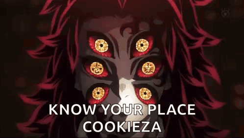 A Close Up Of A Demon With Red Eyes And The Words `` Know Your Place Cookieza '' . GIF