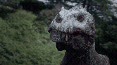 A Close Up Of A Dinosaur 'S Face With A Blurred Background GIF