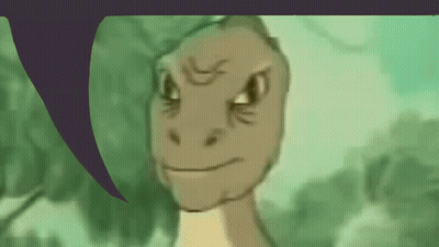 A Close Up Of A Dinosaur 'S Face With A Purple Speech Bubble In The Background GIF