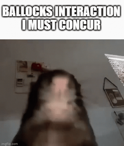 A Close Up Of A Dog 'S Face With The Words `` Ballocks Interaction I Must Concur '' Written On It . GIF