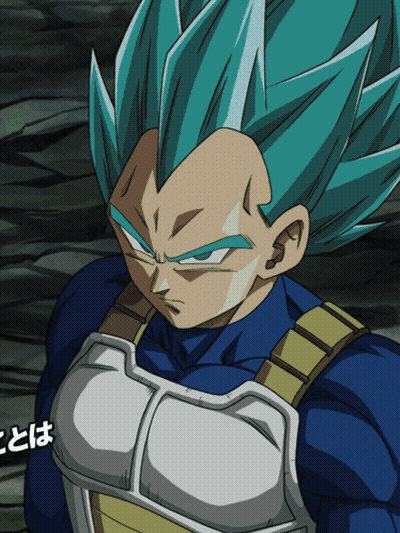 A Close Up Of A Dragon Ball Z Character With Blue Hair And A White Chest Protector GIF