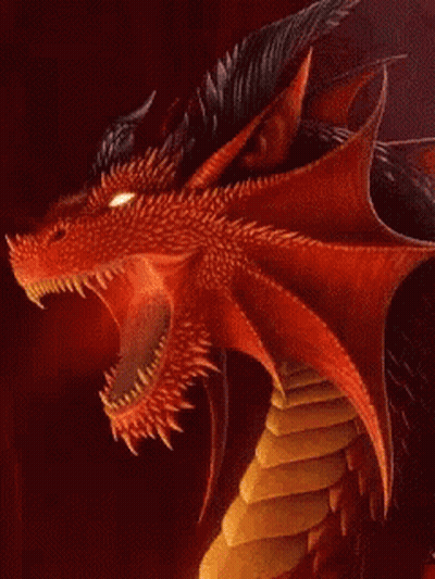 A Close Up Of A Dragon With Glowing Eyes On A Red Background GIF