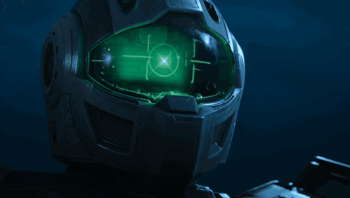 A Close Up Of A Futuristic Helmet With A Green Screen That Says ' A ' On It GIF