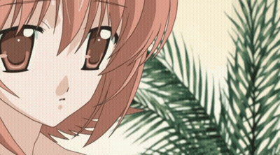 A Close Up Of A Girl 'S Face With A Palm Tree Behind Her GIF