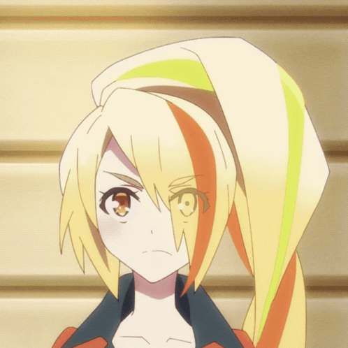 A Close Up Of A Girl 'S Face With A Yellow And Orange Ponytail GIF