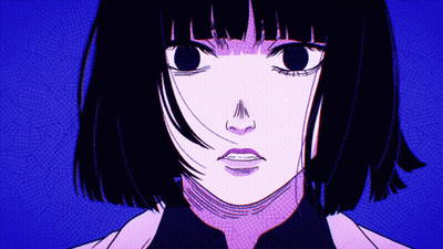 A Close Up Of A Girl 'S Face With Black Hair GIF