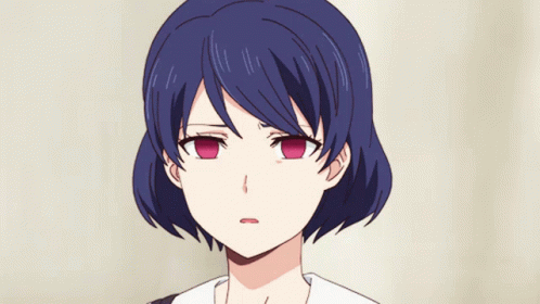 A Close Up Of A Girl 'S Face With Blue Hair And Pink Eyes GIF