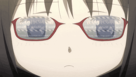 A Close Up Of A Girl 'S Face With Glasses That Says ' Aoi ' On Them GIF