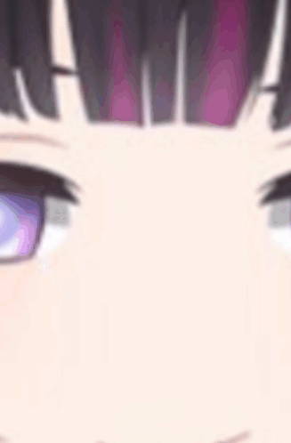 A Close Up Of A Girl 'S Face With Purple Eyes And A Purple Fringe . GIF