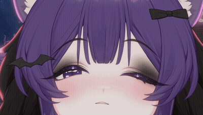 A Close Up Of A Girl 'S Face With Purple Hair And A Bat On Her Head GIF