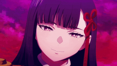 A Close Up Of A Girl 'S Face With Purple Hair And A Red Bow In Her Hair GIF