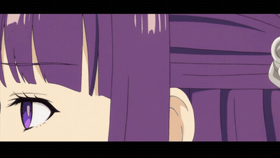A Close Up Of A Girl 'S Face With Purple Hair And Blue Eyes GIF