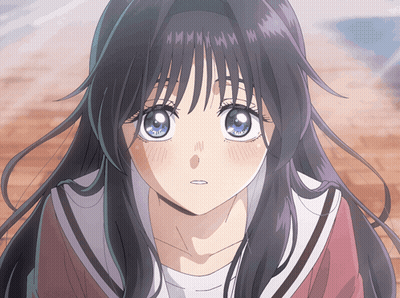 A Close Up Of A Girl 'S Face With Purple Hair And Blue Eyes GIF